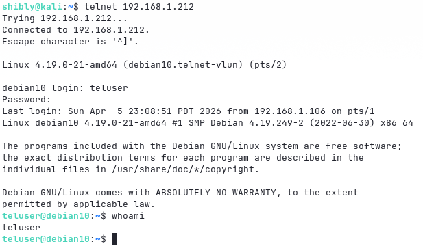 Normal Telnet login succeeds after mitigation