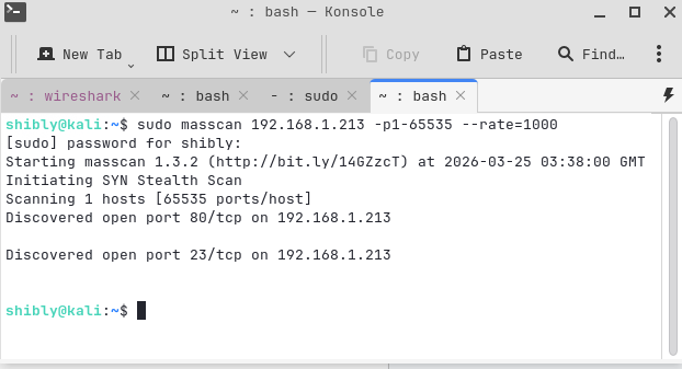 Port scan showing Telnet port 23 open