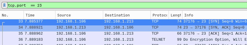 Using tcp.port == 23 filter in Wireshark