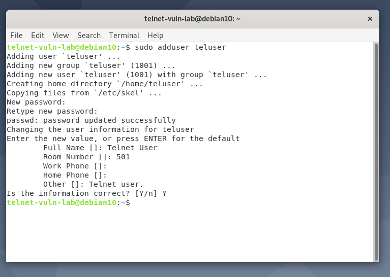 Creating teluser account on Debian 10