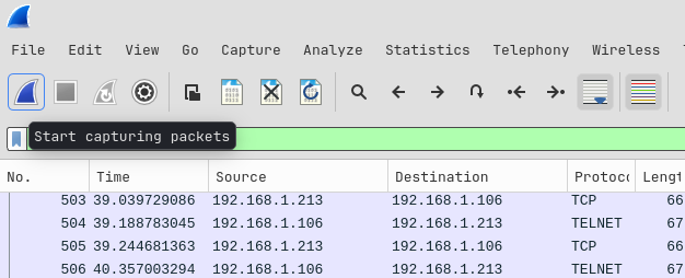 Starting a new Wireshark capture