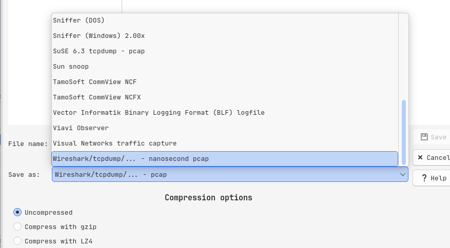 Saving Wireshark capture as pcap file