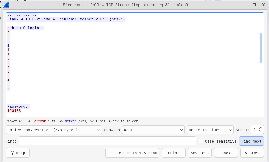Cleartext credentials visible in TCP stream