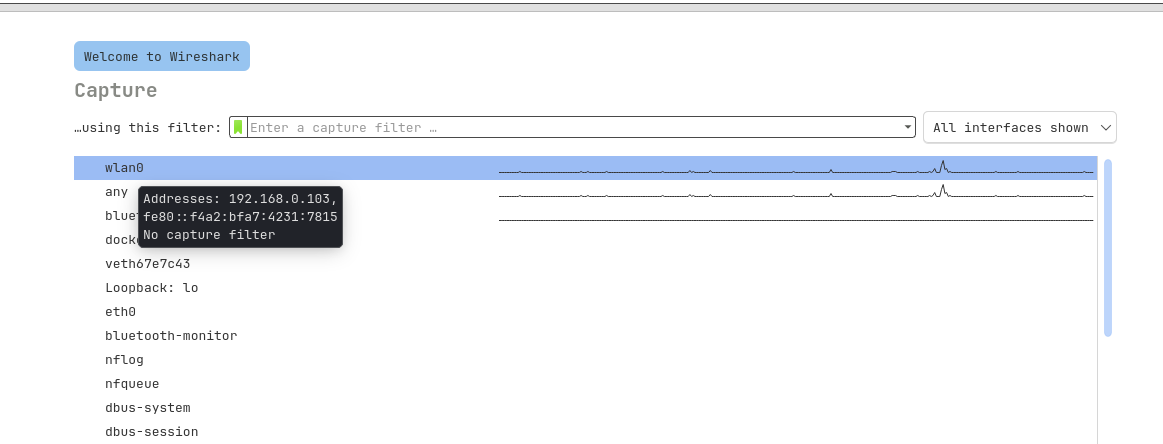 Selecting wlan0 interface in Wireshark