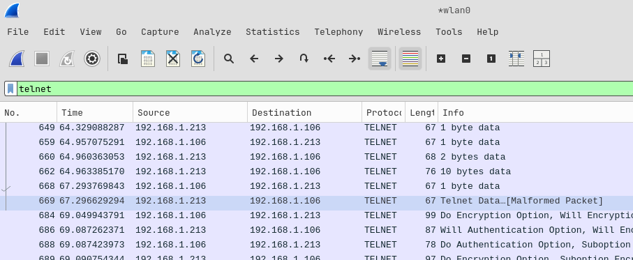 Filtering for Telnet traffic in Wireshark