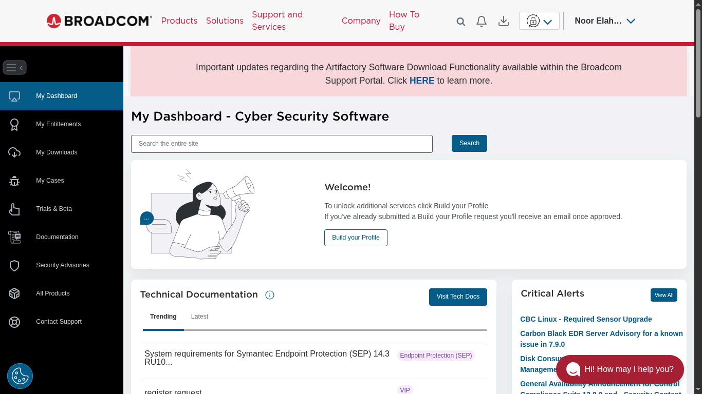 Broadcom dashboard after login showing the main navigation panel