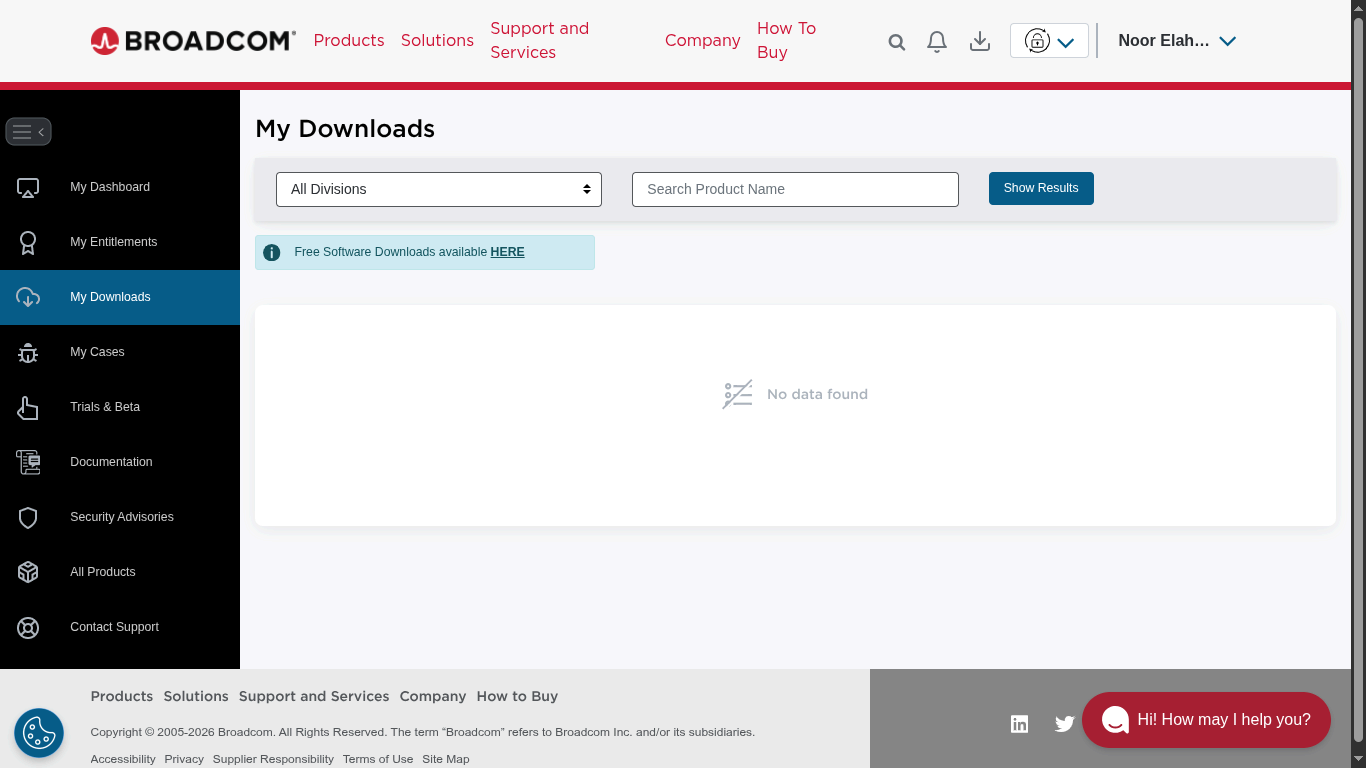 Broadcom My Downloads section in the left navigation panel