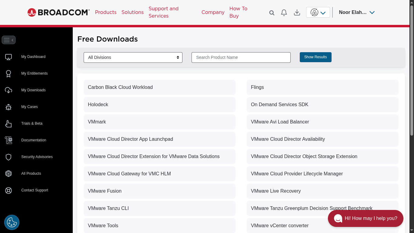 Broadcom free software list showing VMware Workstation Pro and other tools