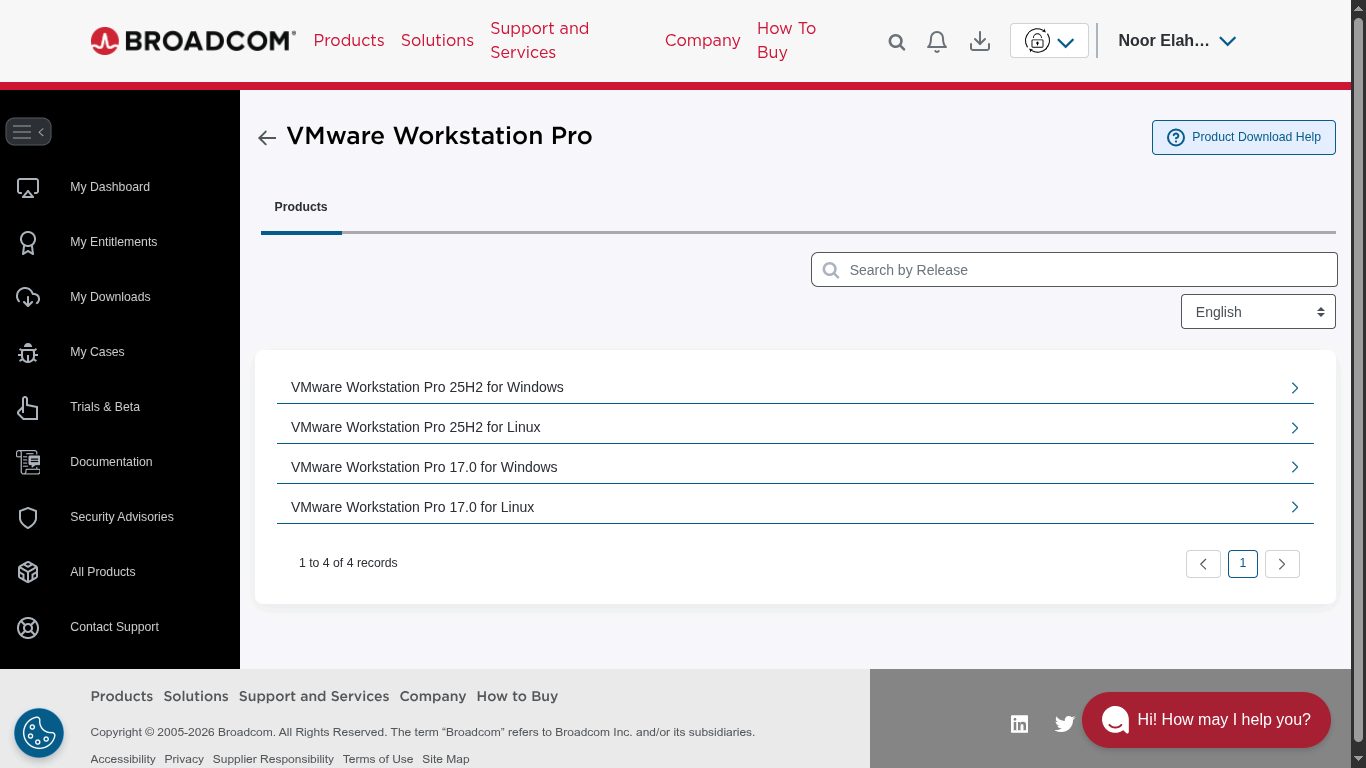 VMware Workstation Pro version selection screen showing 17.5.x and 25H2 options