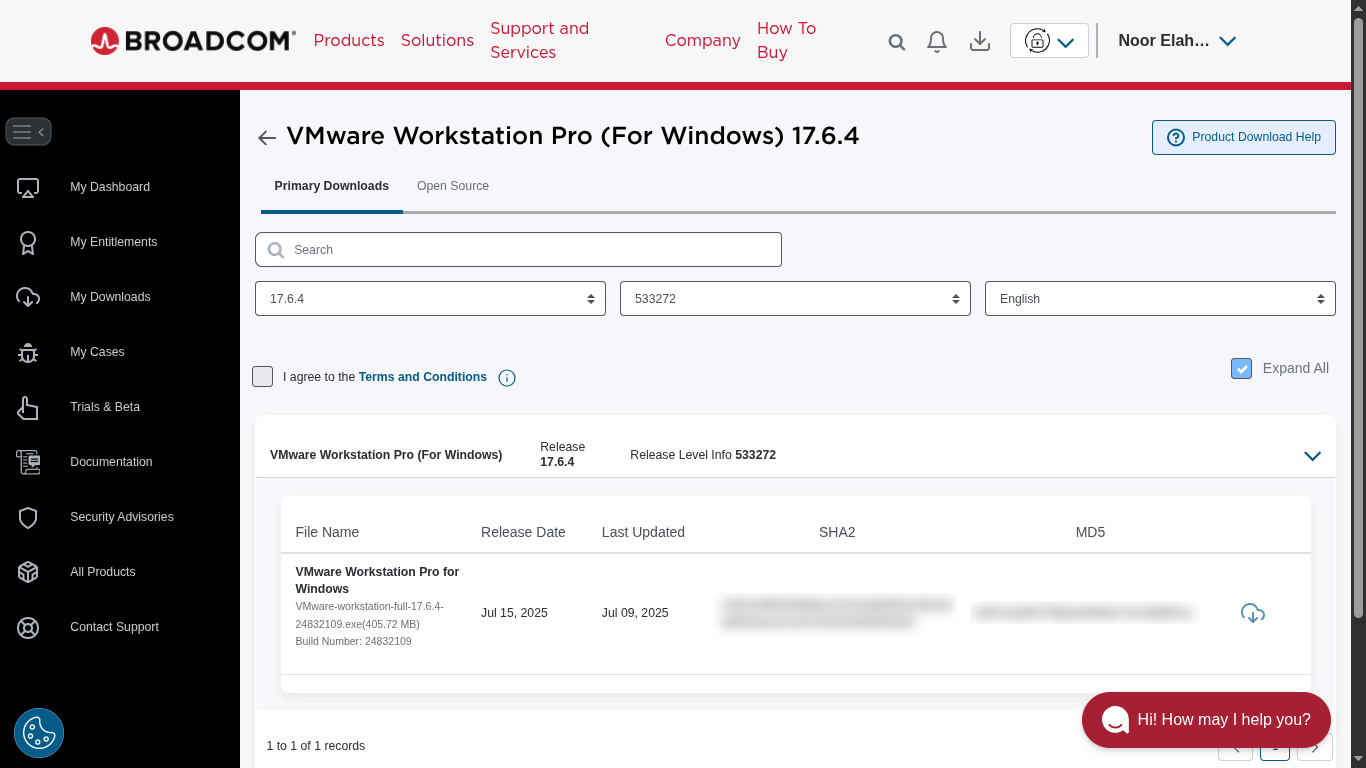 VMware Workstation Pro 17 download screen on Broadcom portal