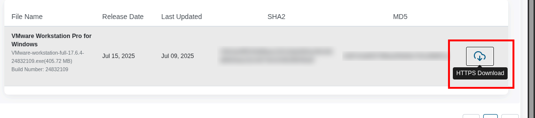 Download button for VMware Workstation Pro on the Broadcom portal