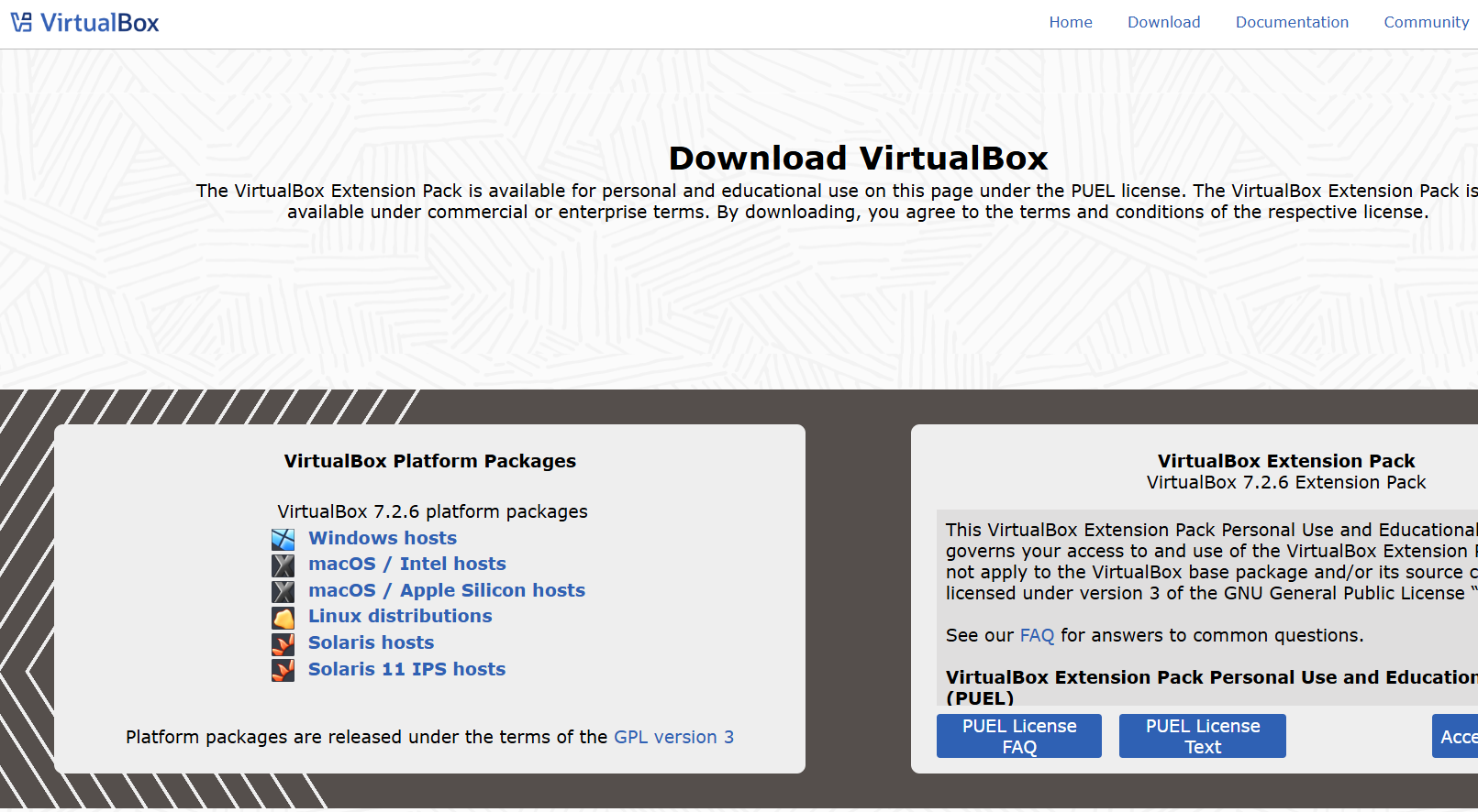 VirtualBox official download page showing options for Windows, macOS, and Linux